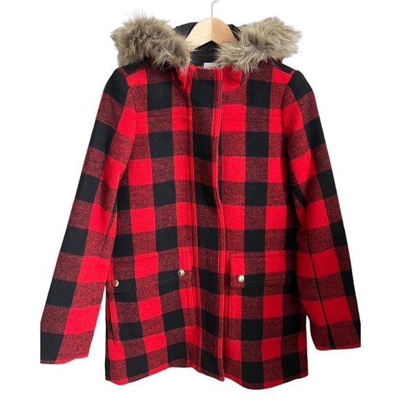 Nwt J. Crew Vail Wool Blend Peacoat Buffalo Check Fur Festive Holiday Size 0 - Picture 4 of 9